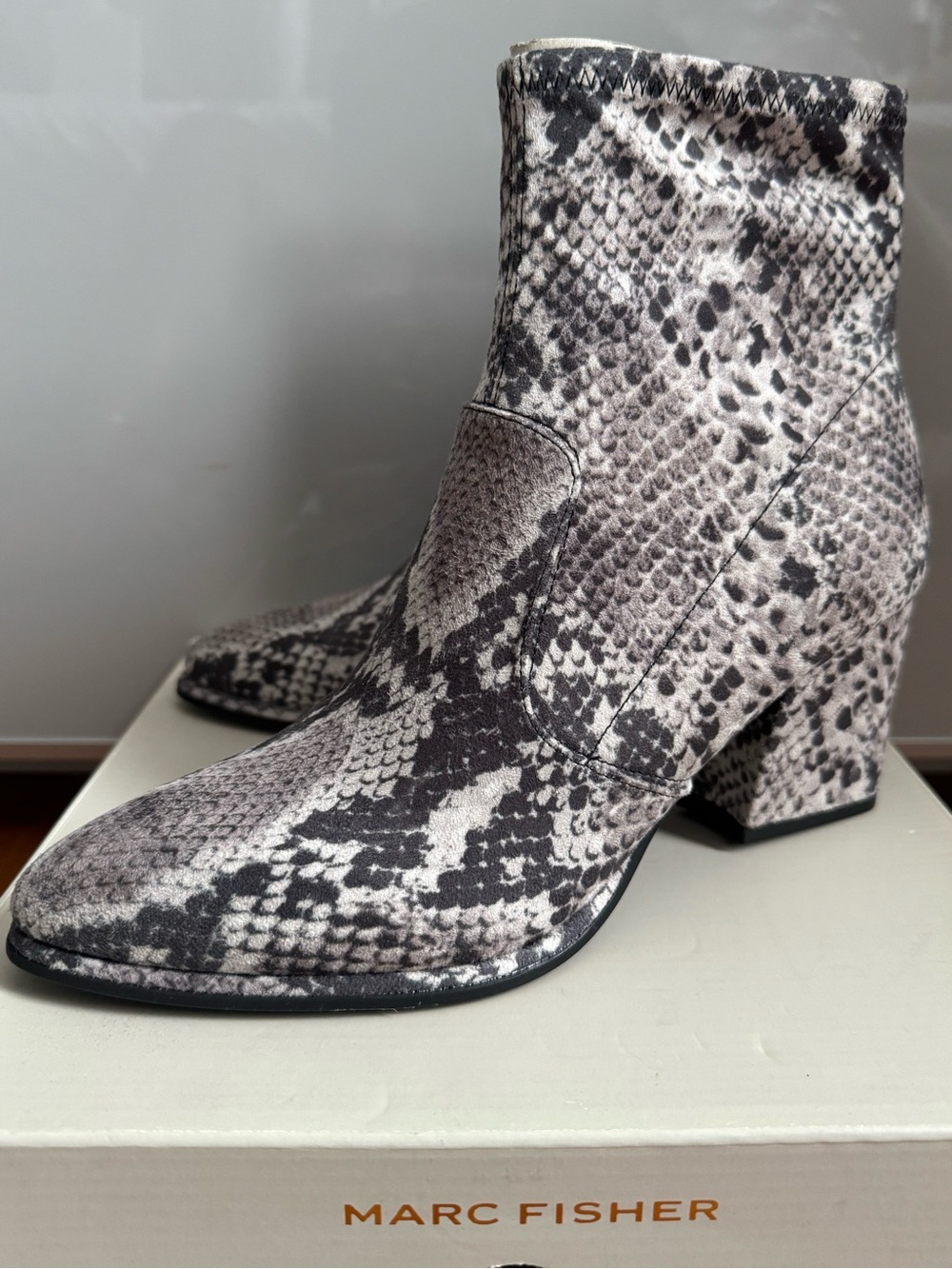 MARC FISHER Grey Snakeskin Ankle Boots